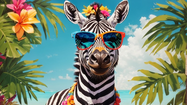 Foto un ritratto vibrante di una zebra che indossa eleganti occhiali da sole e si gode l'estate