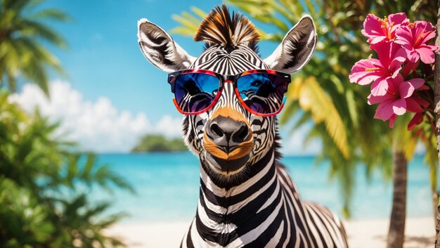 Foto un ritratto vibrante di una zebra che indossa eleganti occhiali da sole e si gode l'estate