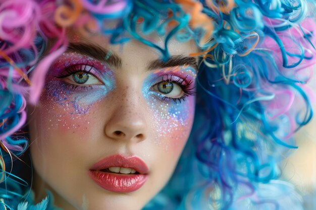 Vibrant portret van jonge vrouw met kleurrijke krullende pruik en artistieke make-up Creatieve schoonheid en