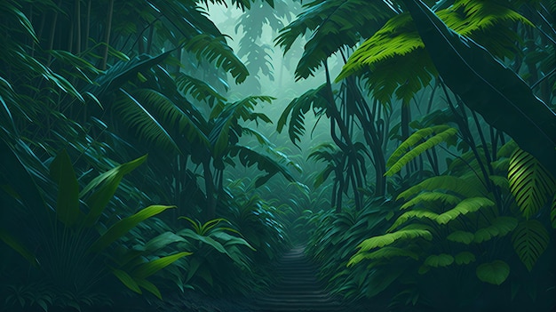 Photo a vibrant prehistoric jungle with lush green foliage