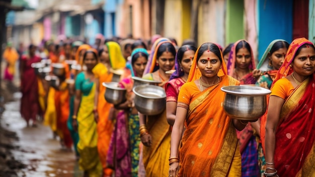 A vibrant procession of women carrying decorative pots filled with water symbolizing the arrival of