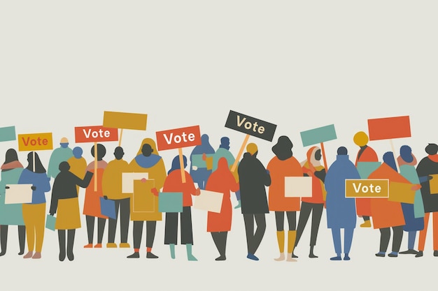 vibrant protest scene features diverse group holding vote and proof signs in front of simple white background the energetic atmosphere is created by predominantly black orange and yellow colors
