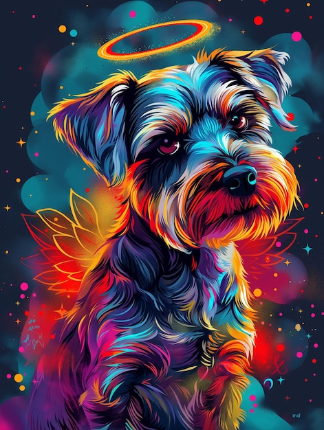 A vibrant psychedelic vector illustration a miniature schnauzer with angel wings and a halo