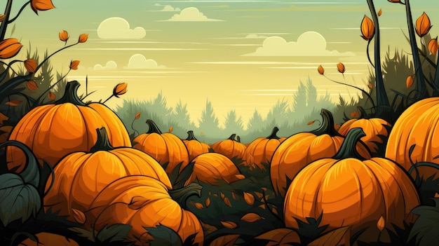 a vibrant pumpkin patch with scattered leaves