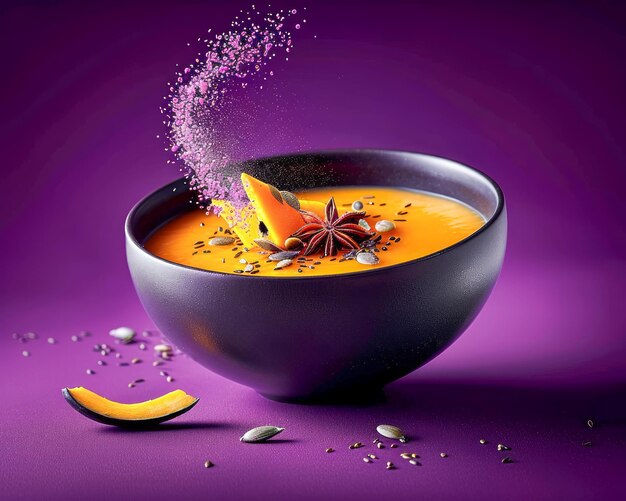 vibrant pumpkin soup with anise and pumpkin seeds sprinkled around on a purple background