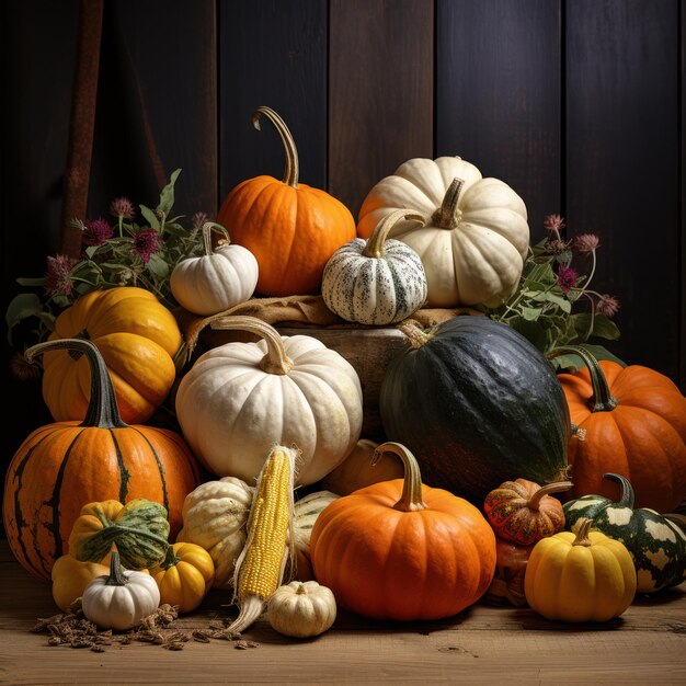 Vibrant Pumpkin Variety Shelf met een diversiteit van pompoen kleuren en soorten Generatieve AI