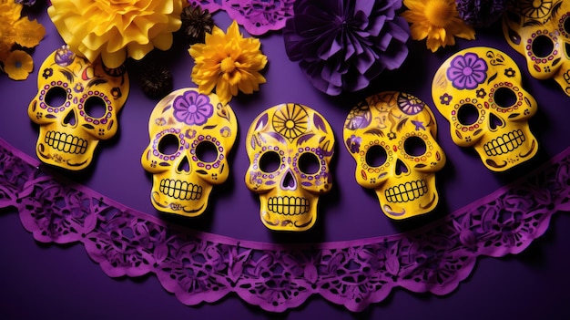 a vibrant purple background with a central golden sugar skull