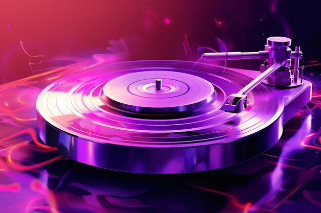 Vibrant Purple and Black Turntable with Shiny Disc on Lustrous Purple Background Generative AI