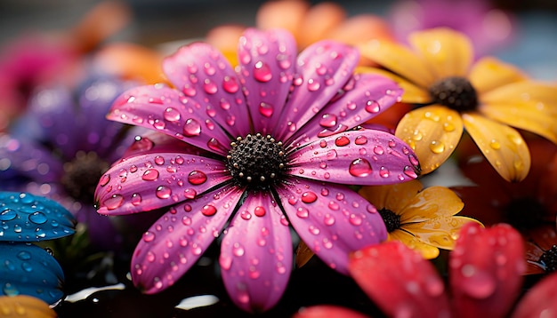 Photo vibrant purple daisy blossom reflects in wet blue meadow generated by ai