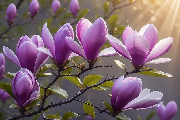 Foto vibranti fiori di magnolia viola nella luce mattutina generativa ai