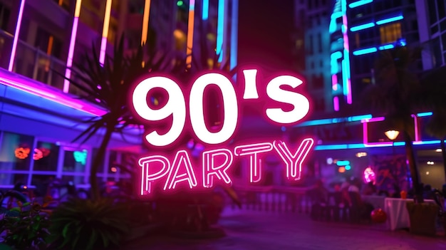 활기찬 보라색 네온 90 년대 PARTY 표지판은 레트로 스타일의 반이는 최대주의적 배경입니다.