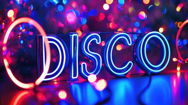 Photo vibrant purple neon disco sign in retro 90s style glowing maximalist background