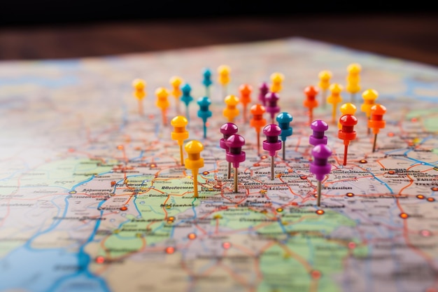 Vibrant pushpins mark various planned destinations on a colorful and detailed map