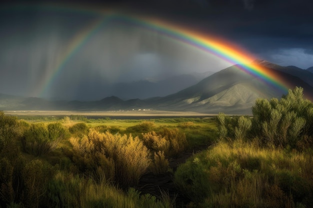 Vibrant rainbow arching over majestic mountains