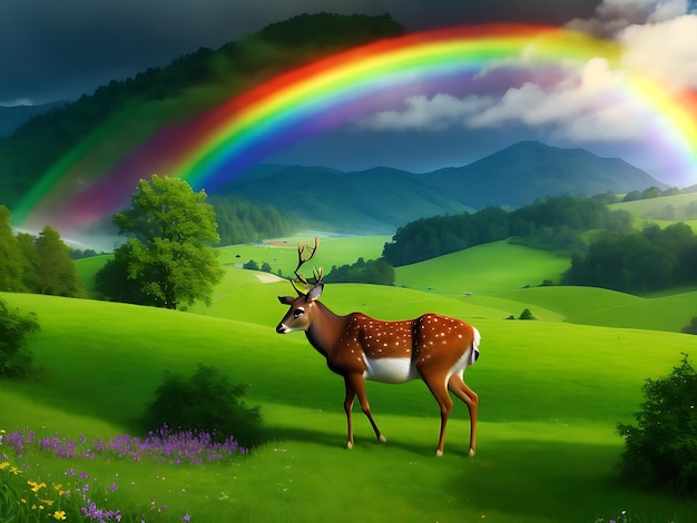 A vibrant rainbow arcing over a lush green valley with grazing deer