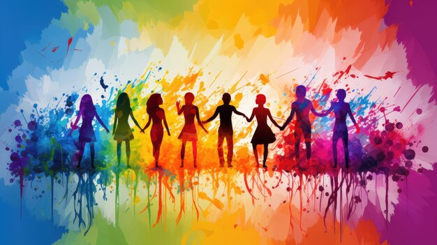 a vibrant rainbow background with silhouettes of friends holding hands