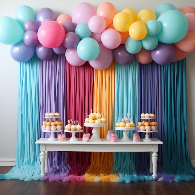 Vibrant rainbow balloon backdrop with tassels