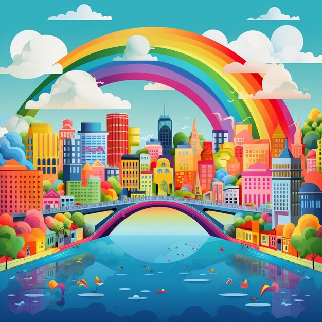 Vibrant Rainbow over Bustling Cityscape