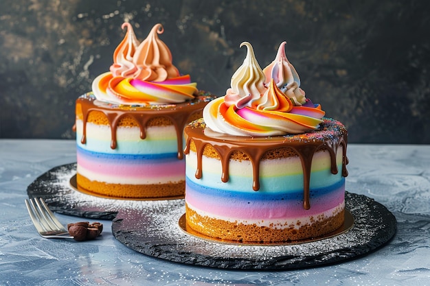 Vibrant rainbow cakes with layers of colorful sponge and buttercream