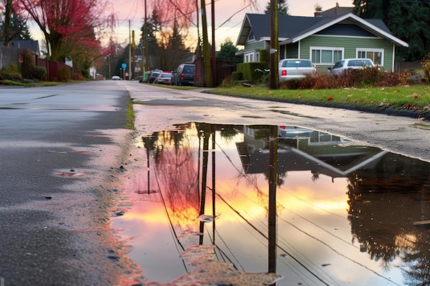 Vibrant rainbow reflected in a puddle after rain created with generative ai