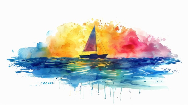 Vibrant Rainbow Sailboat on the Horizon Childrens Book Illustration Generative AI