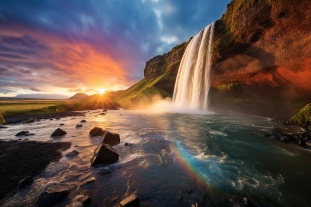 Vibrant Rainbow Over A Waterfall