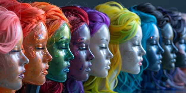 Foto vibrant rainbow wig display op mannequin heads met artistieke make-up