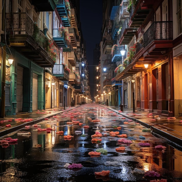 Живая покрытая дождем городская улица с цветочными элементами