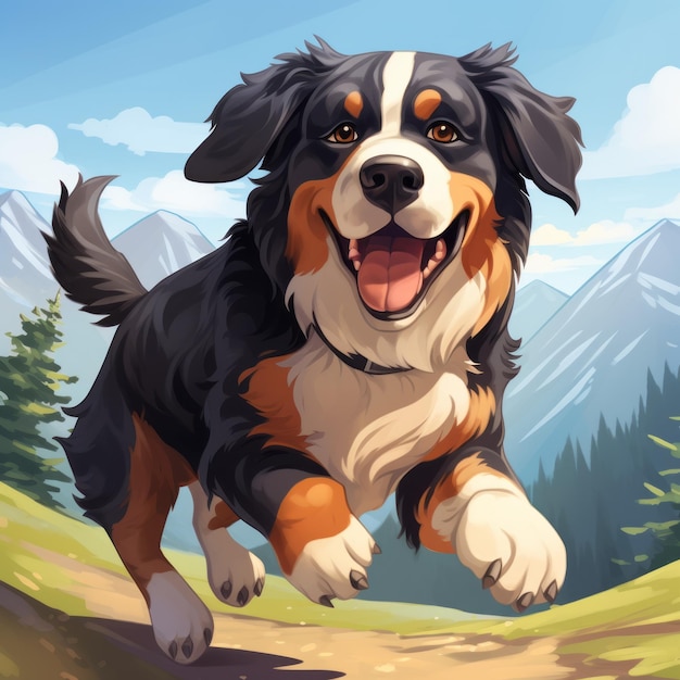 Vibrant Realism A Digital Painting Of A Dog Running In The Mountains