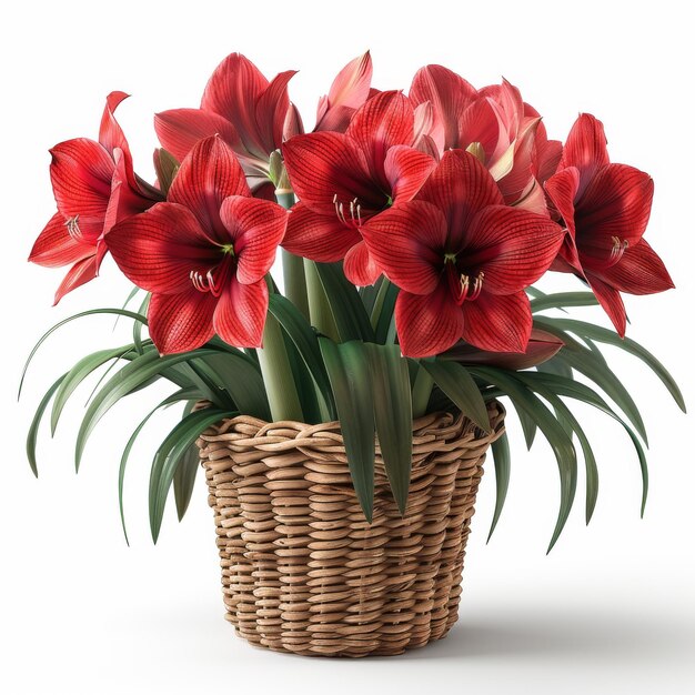 Photo vibrant red amaryllis flowers in woven basket