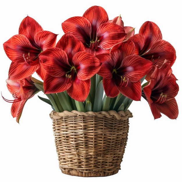 Photo vibrant red amaryllis flowers in woven basket