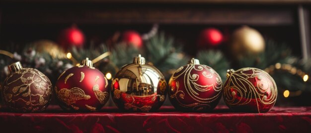 写真 赤と金のクリスマスの装飾品 箱 祭りのテーブルセット aiジェネレーティブ