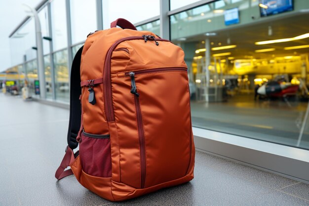 Яркий красный рюкзак сопровождает путешественника в шумном аэропорту