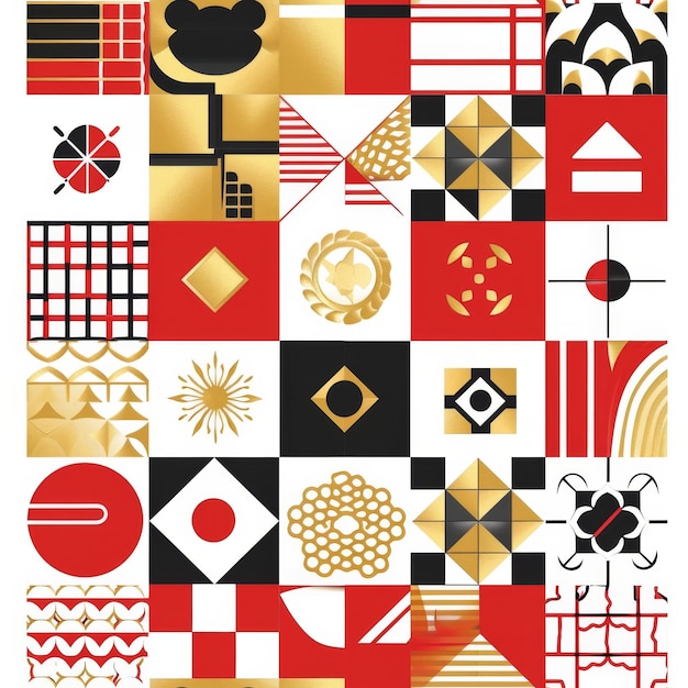 Vibrant Red and Black Pattern With Gold Accents