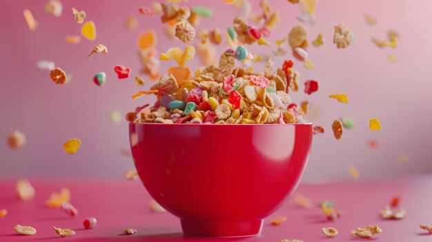 A vibrant red bowl overflows with a colorful mix of cereal and sprinkles creating a cheerful