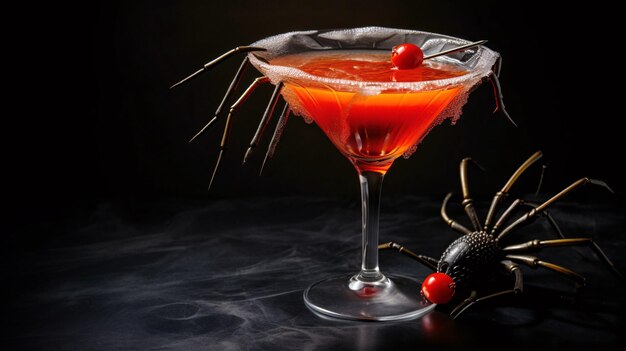 Vibrant Red Cocktail with a Playful Spider Accent Easily Discoverable Stock Image with Generative AI