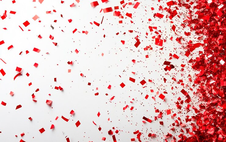 Photo vibrant red confetti scattered across a white background