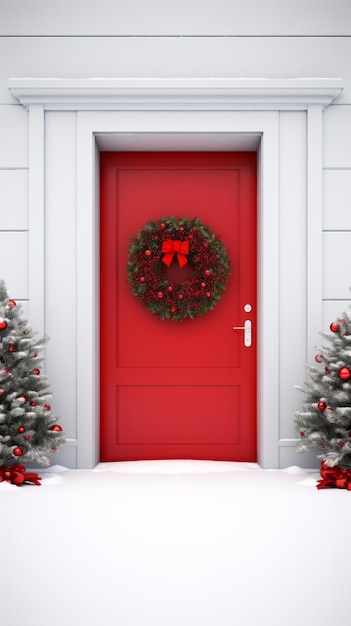 A vibrant red door adorned with a festive wreath