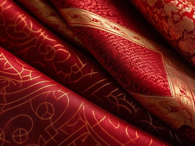 Vibrant red fabric with Asian-style intricate gold and silver embroidery