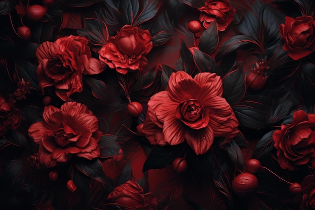 Vibrant Red flowers leaves Generate Ai