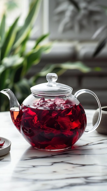 Vibrant Red Herbal Tea in Glass Teapot on Marble Table