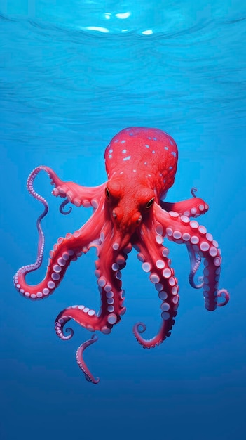 A vibrant red octopus gracefully swimming in the deep blue ocean