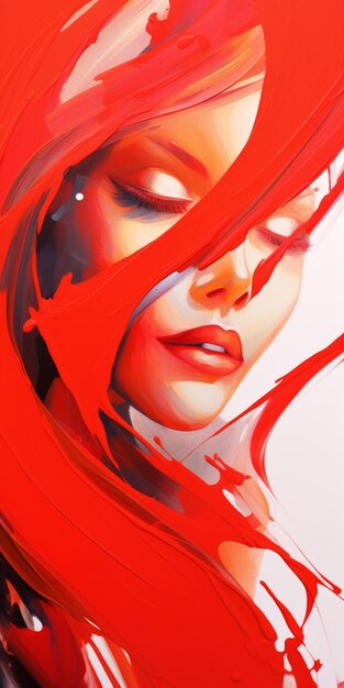 Photo vibrant red painting of a woman with hyperdetailed illustrations