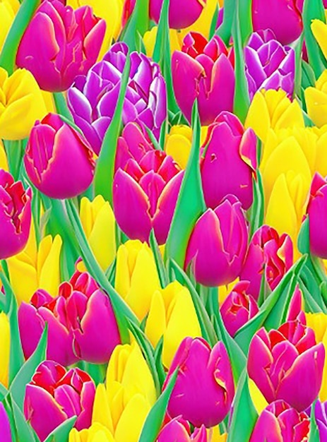Vibrant red pink yellow purple tulips seamless fabric pattern background wallpaper