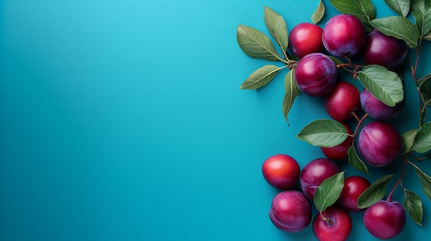 Photo vibrant red plums with fresh green leaves arranged asymmetrically on a teal background emphasizing a