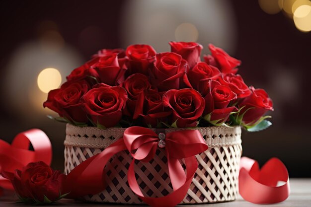 Vibrant red roses arranged in a charming wicker basket tied with satin ribbon valentines day