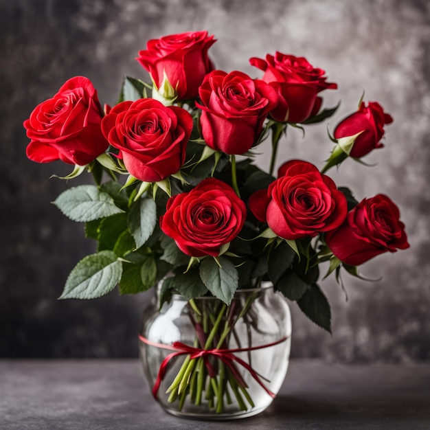 Vibrant Red Roses Bunch Against Blurred Grey Background