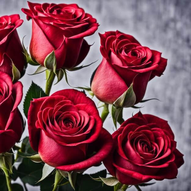 Vibrant Red Roses Bunch Against Blurred Grey Background