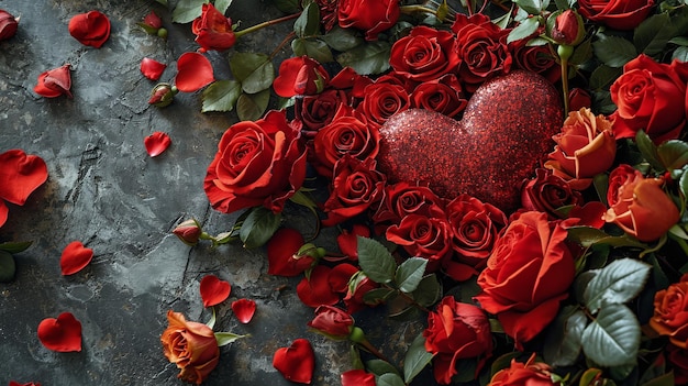 鮮やかな赤いバラと花びらが輝く心でロマンチックなバレンタインデーのデザインに最適です