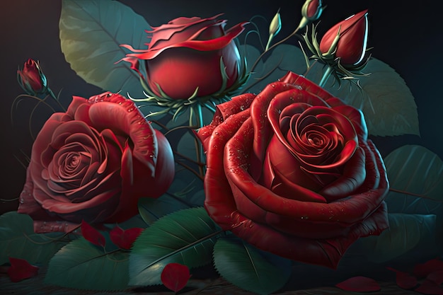 バレンタインデーに鮮やかな赤いバラ 見事なハイパーリアルな写真